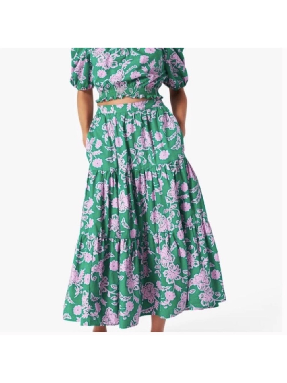 Green Floral Tiered Maxi Skirt - Women
